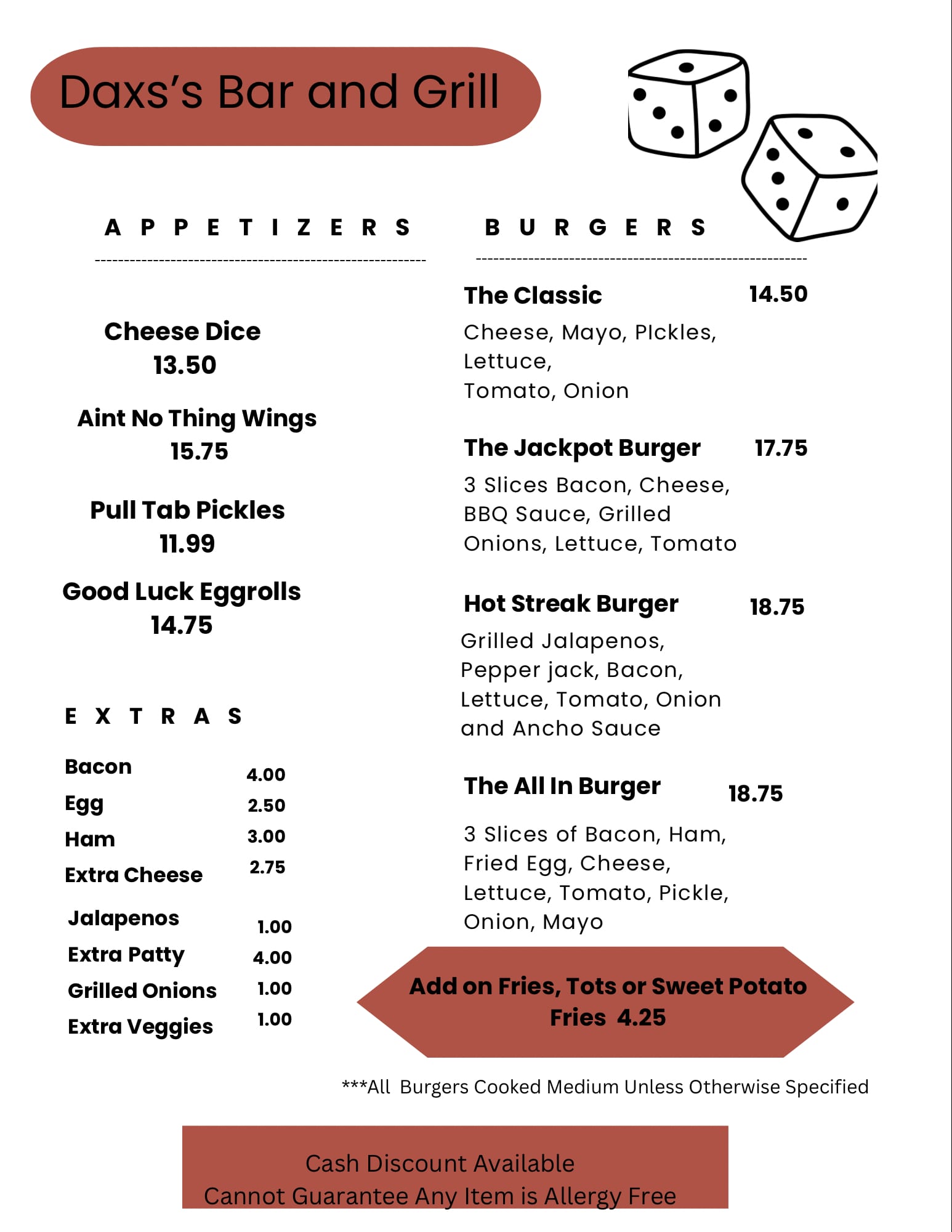 Dax's menu card: appetizers, burgers and extras, with prices