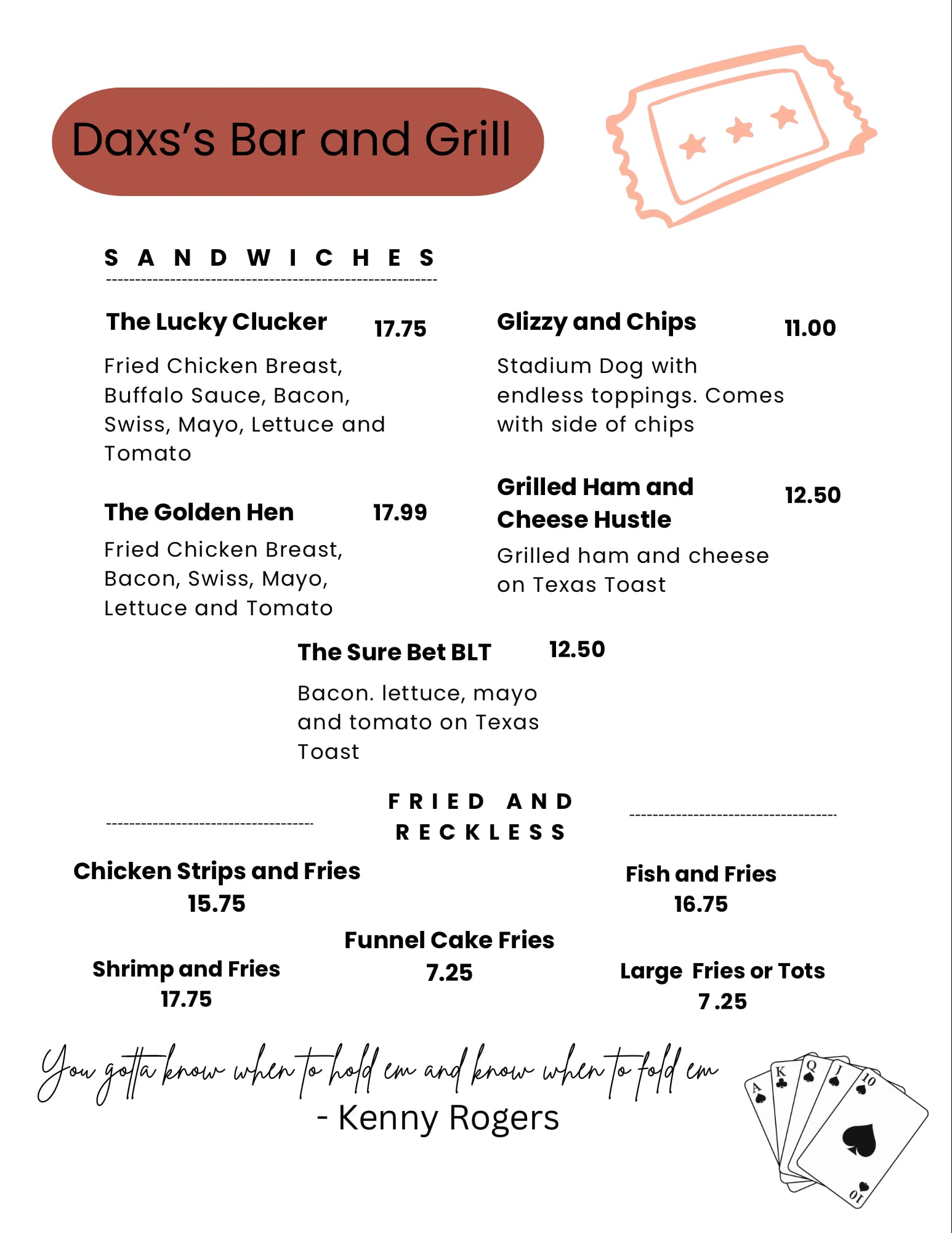 Dax's menu card: sandwiches and the Fried and Reckless list, with prices
